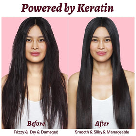 L LUSETA before and after curly hair comparison showing reduced frizz benefit