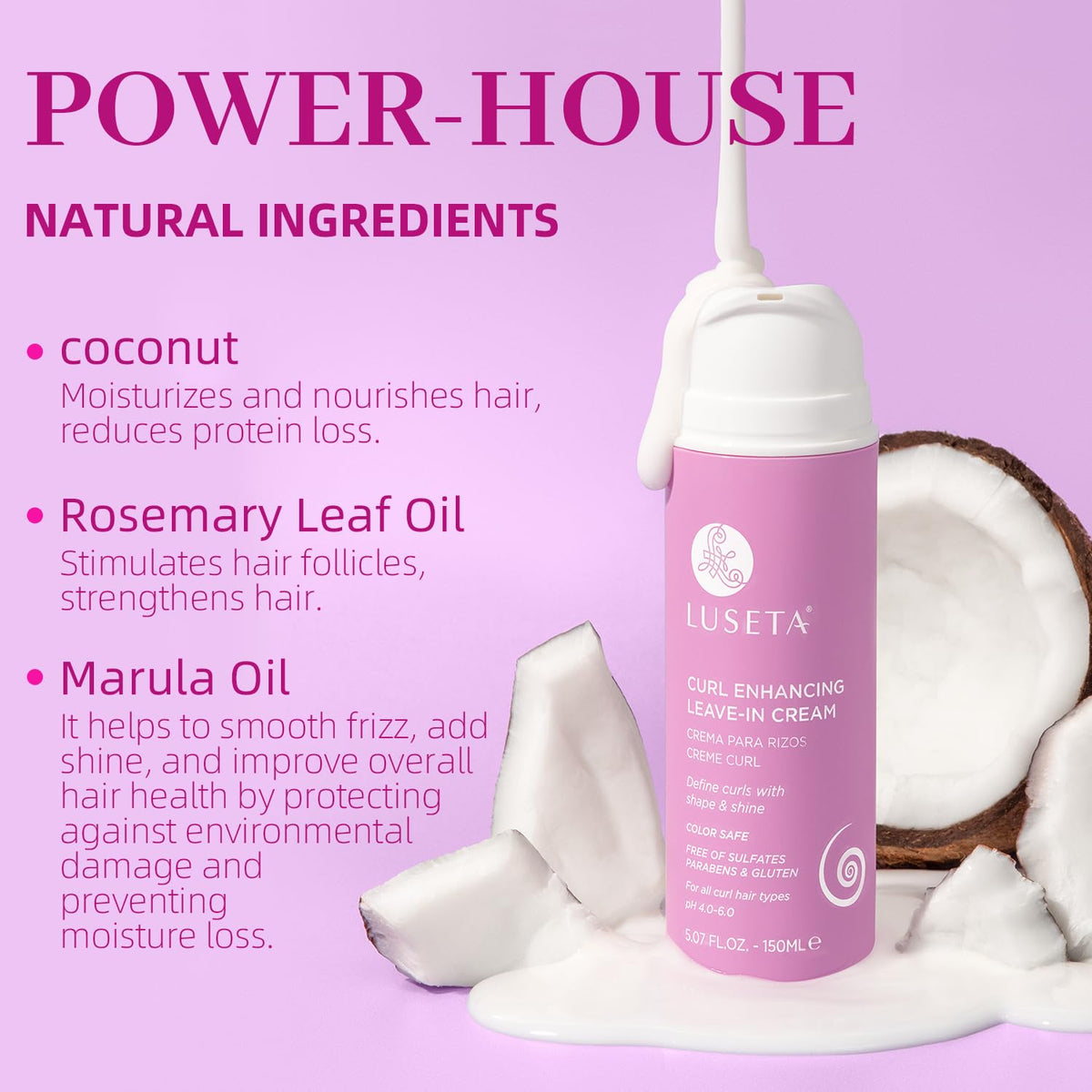 L LUSETA cream in palm demonstrating spreadability and light hydration for curls