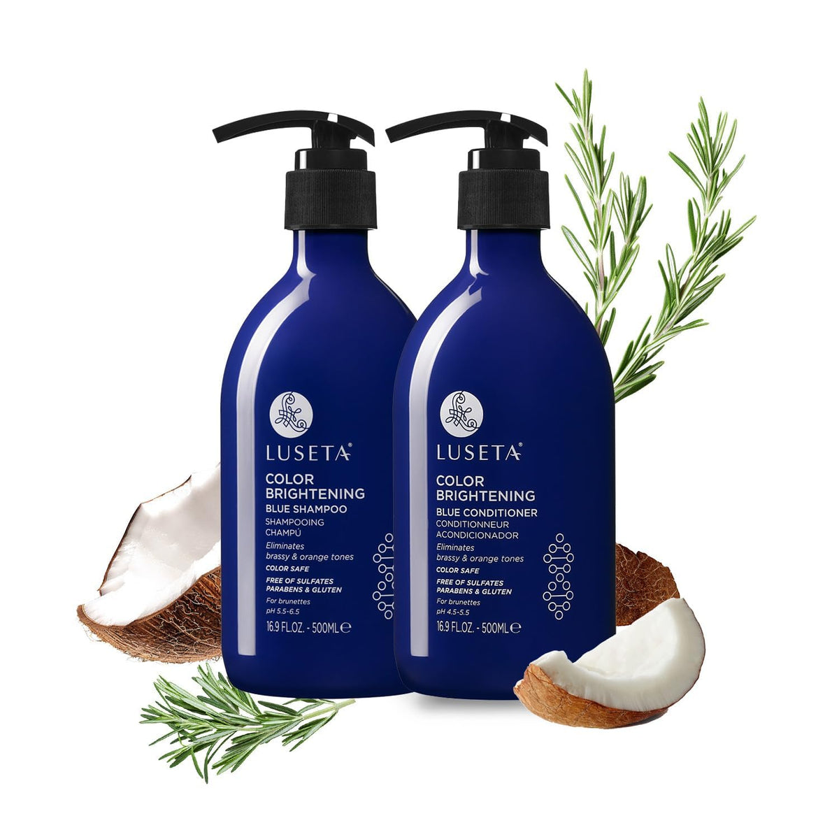 L LUSETA front packaging showing blue shampoo and conditioner benefits