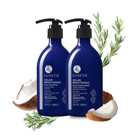 L LUSETA front packaging showing blue shampoo and conditioner benefits