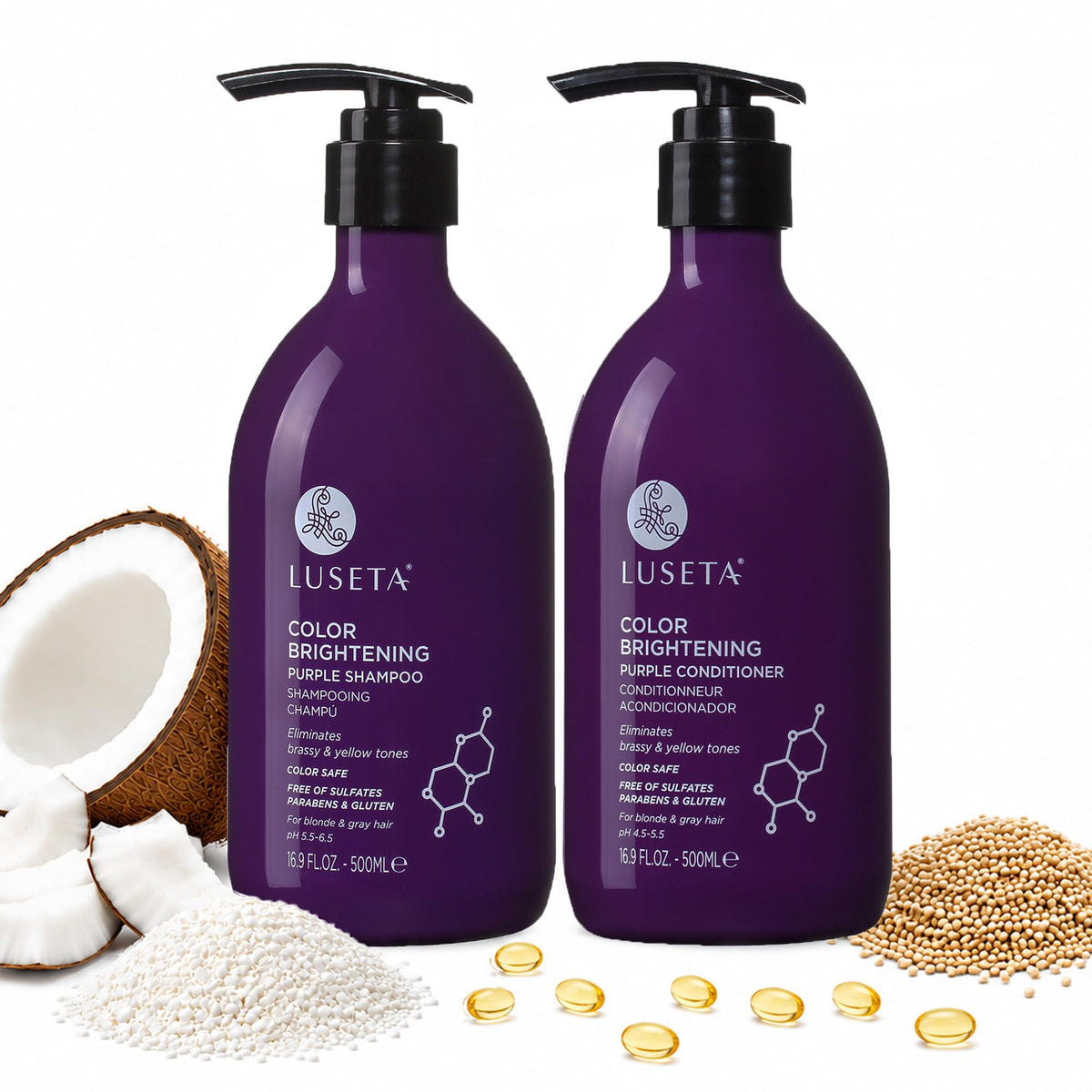 L LUSETA front packaging showing shampoo and conditioner set, vibrant toning benefit