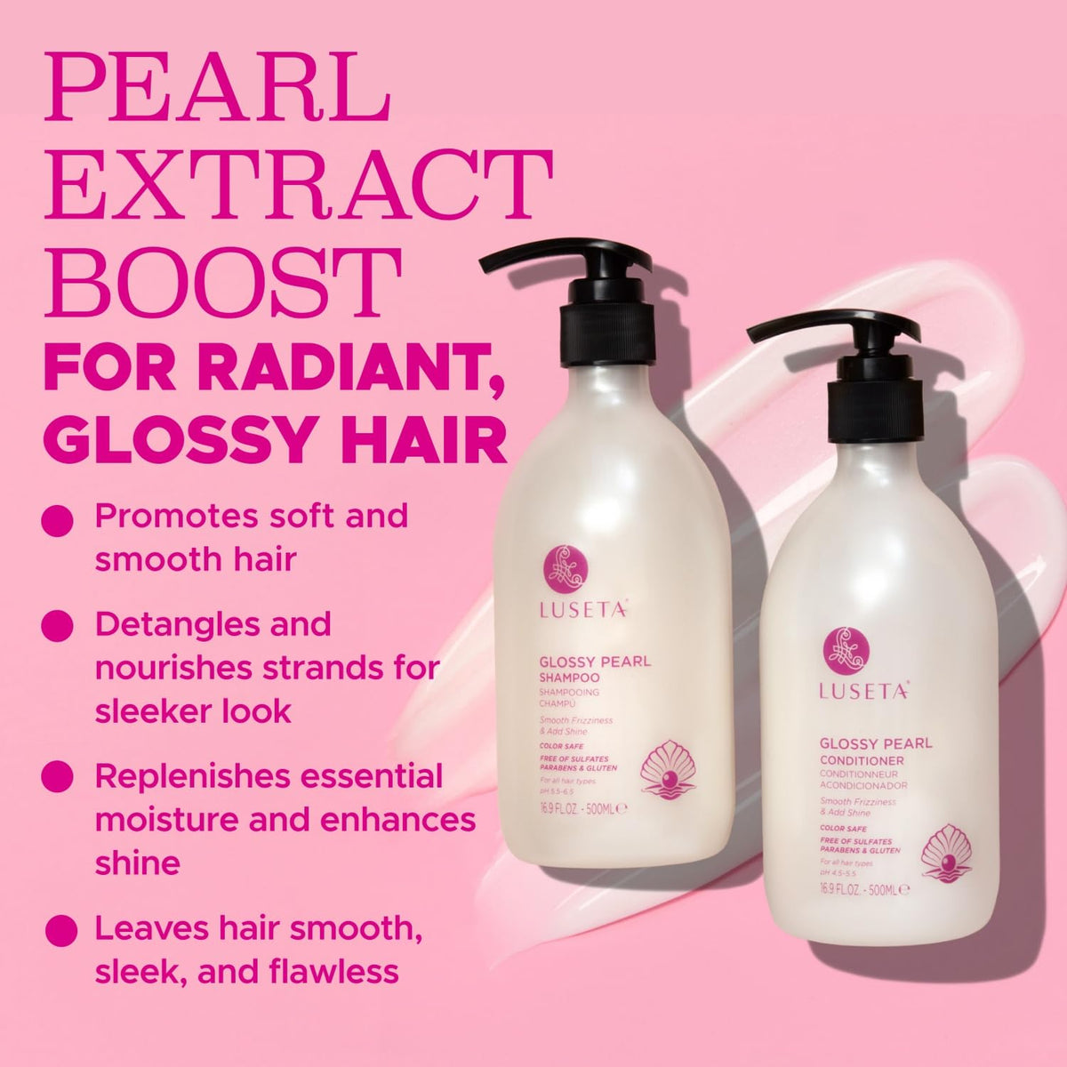L LUSETA close-up of pearl extract visual emphasizing smoothing and light-reflective benefit