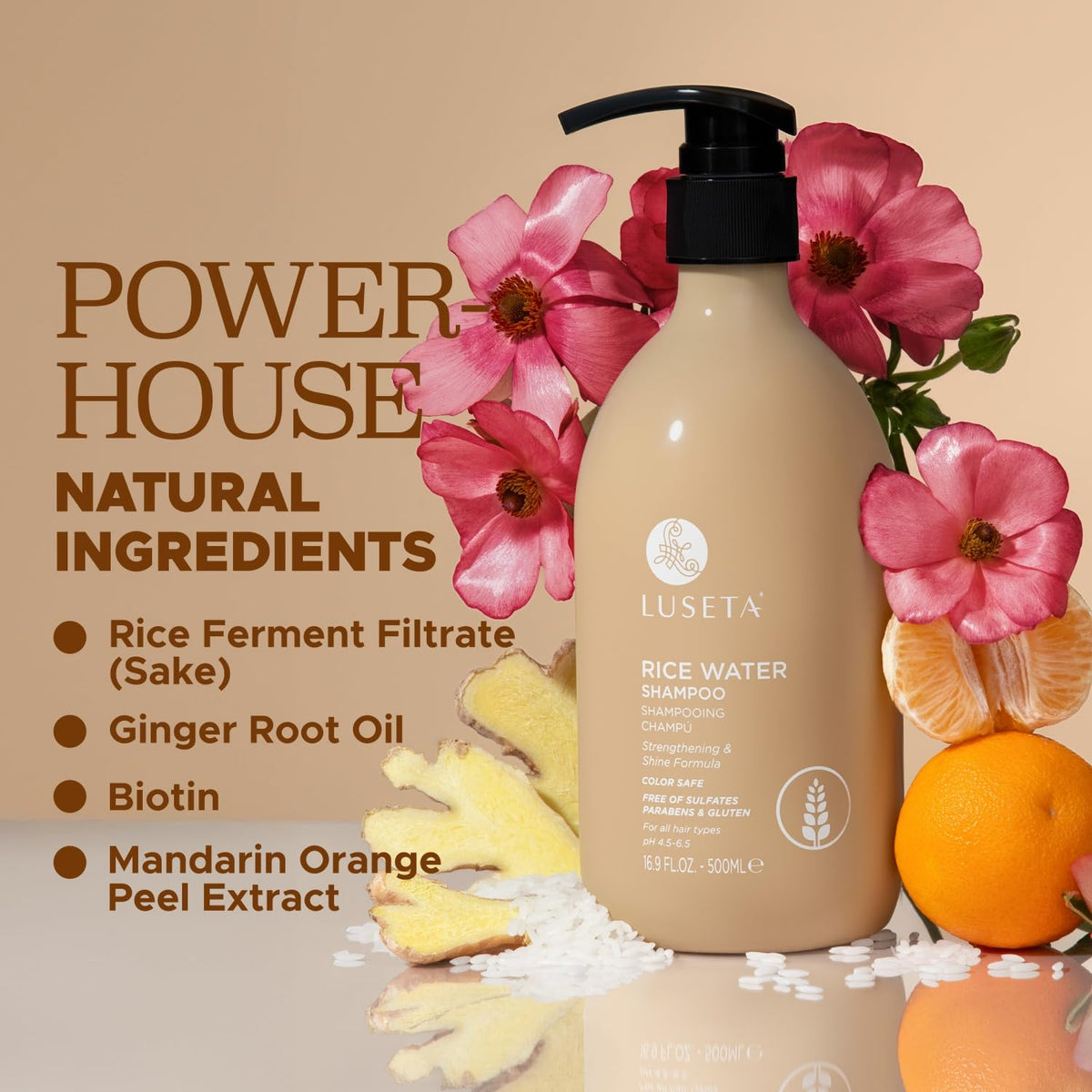L LUSETA rice water ingredient close-up highlighting natural nourishment and shine