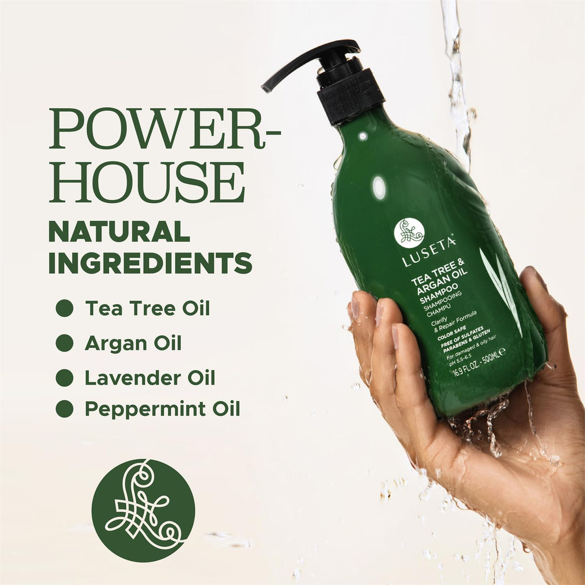 L LUSETA tea tree leaf close-up representing clarifying, soothing scalp benefits