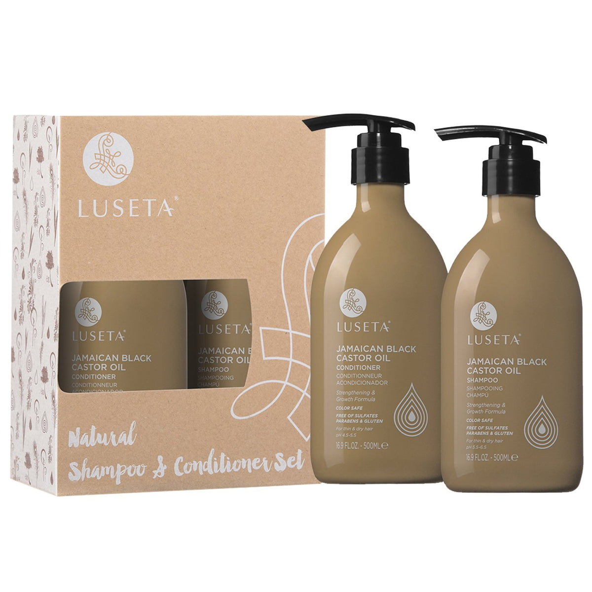 L LUSETA ingredients visual with castor oil drop highlighting nourishing action