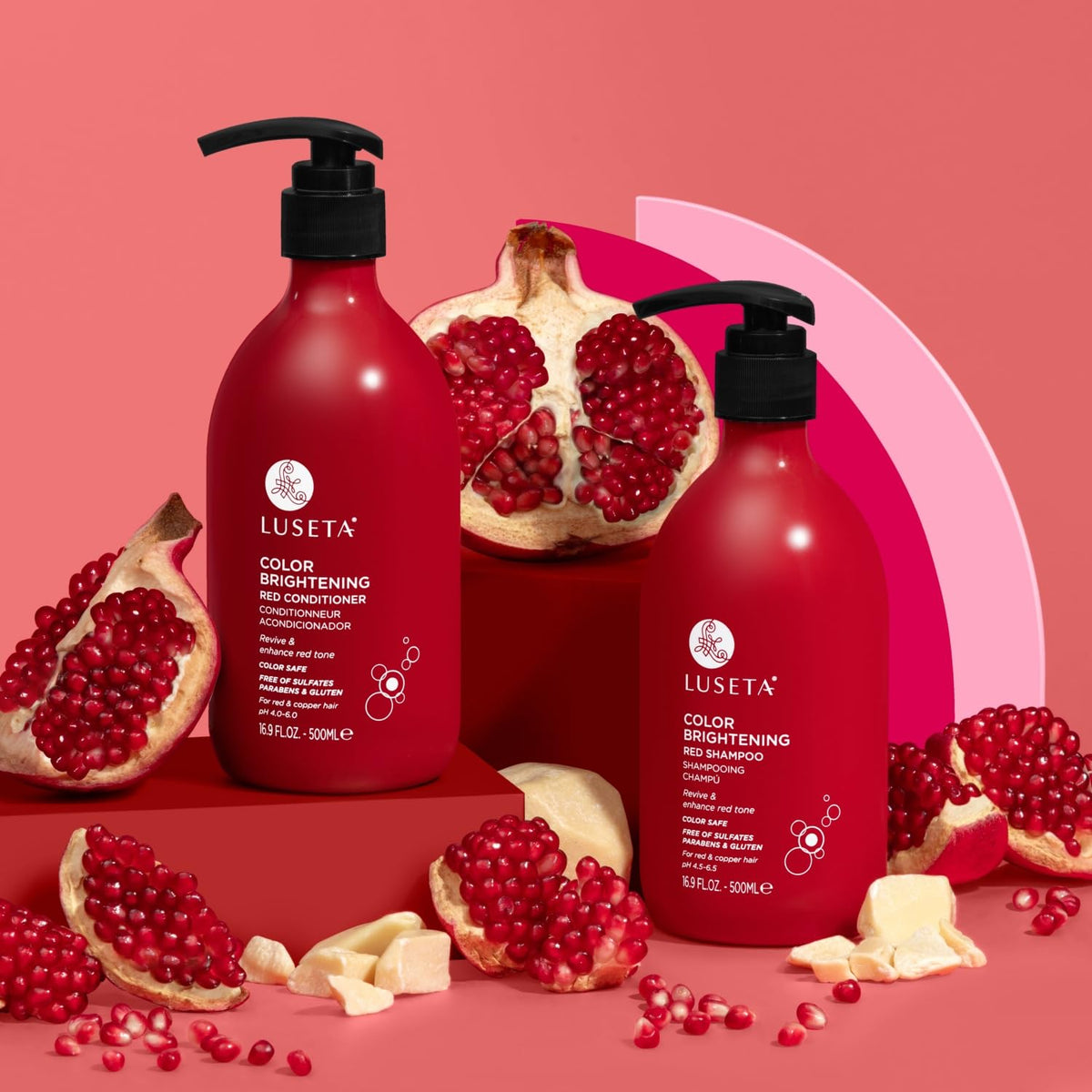 L LUSETA key ingredients pomegranate and rosehip displayed for nourishment