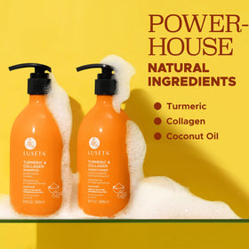 L LUSETA label close-up highlighting turmeric and collagen for strengthening benefit