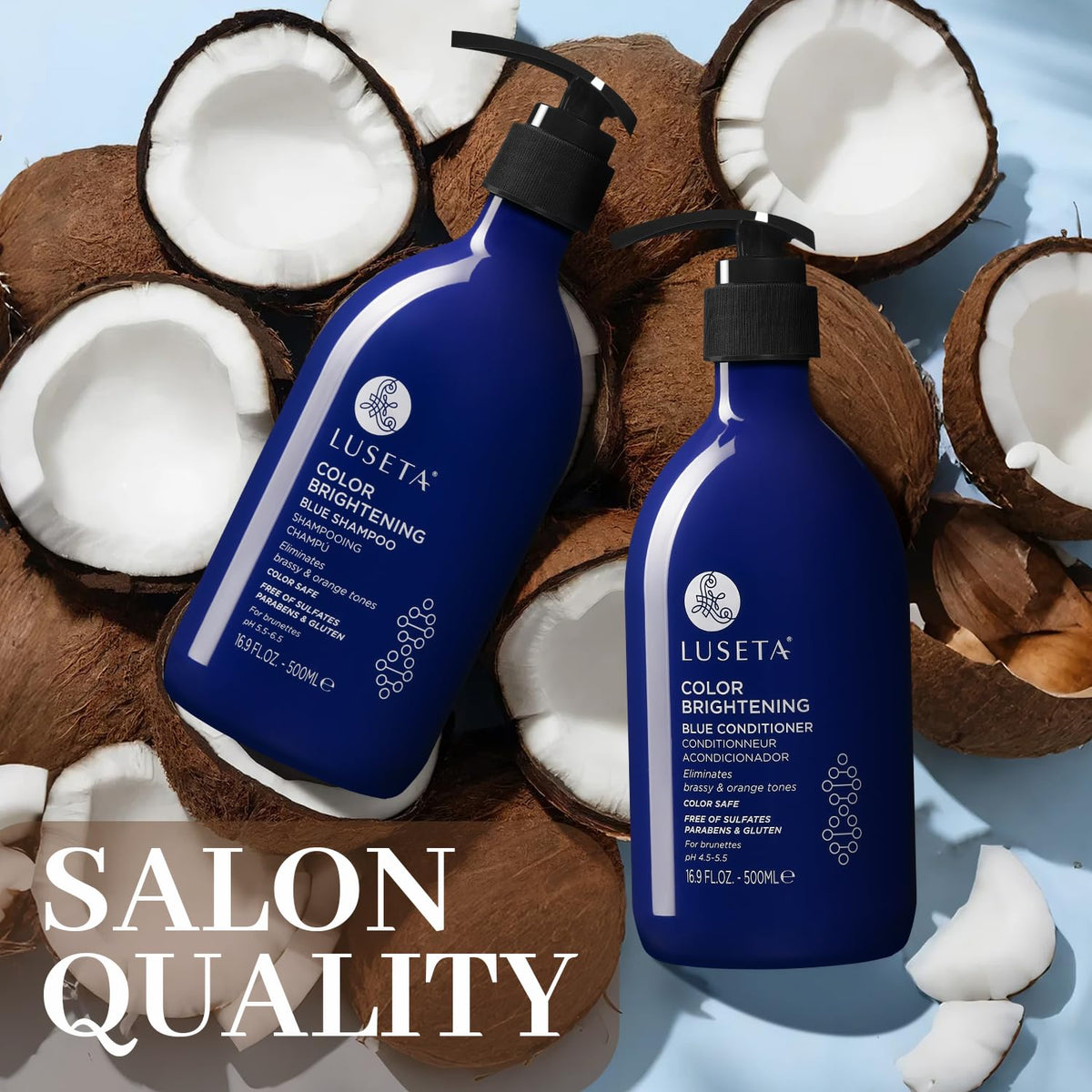 L LUSETA bottles styled on bathroom shelf suggesting salon care at home