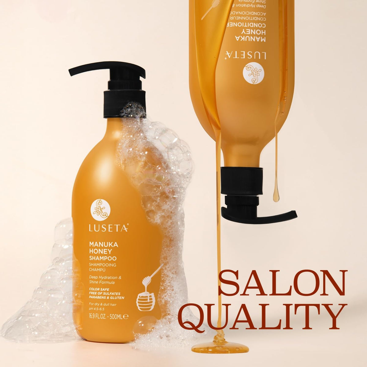 L LUSETA shampoo lather close-up demonstrating gentle cleansing benefit