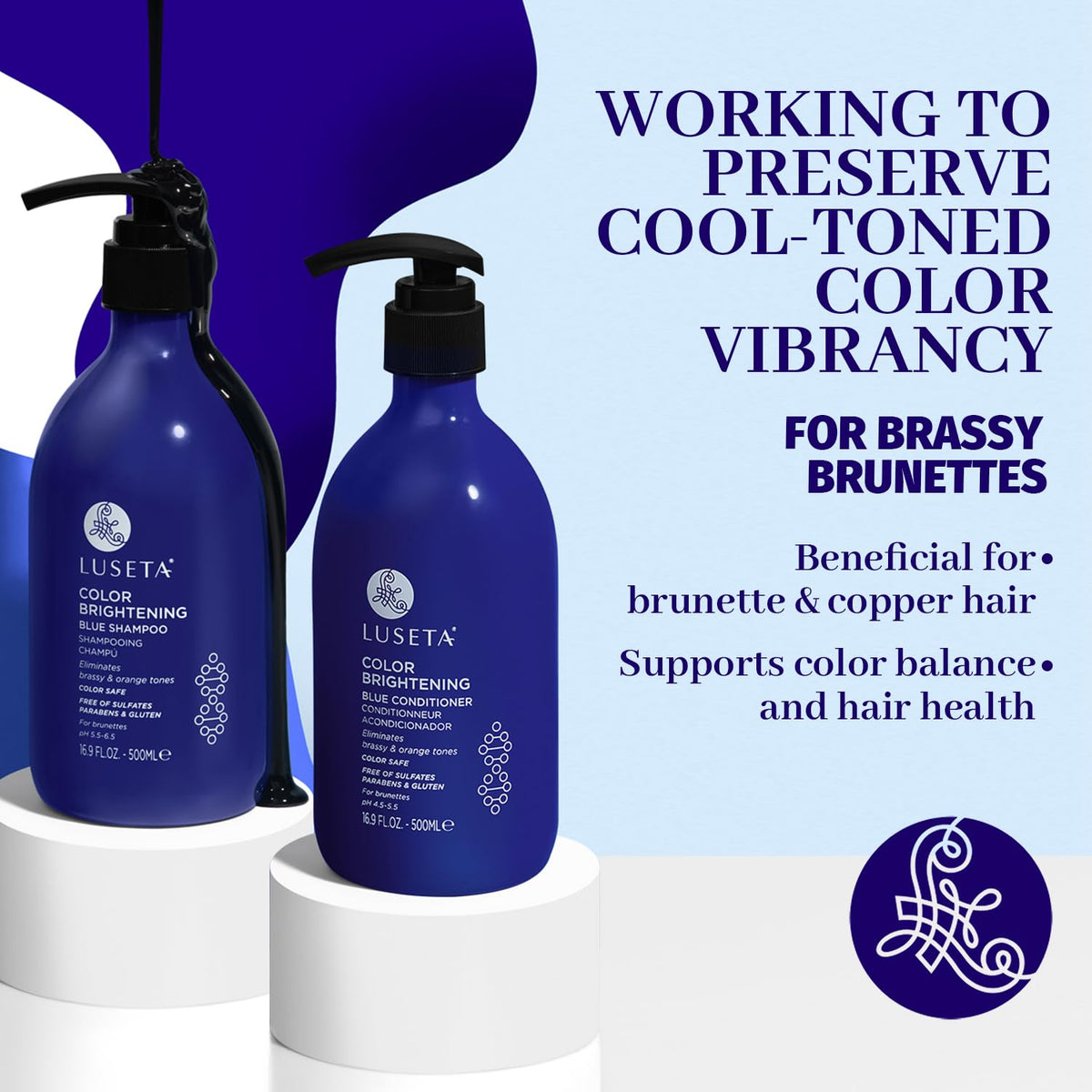 L LUSETA shampoo being rinsed from wet brunette hair to tone color