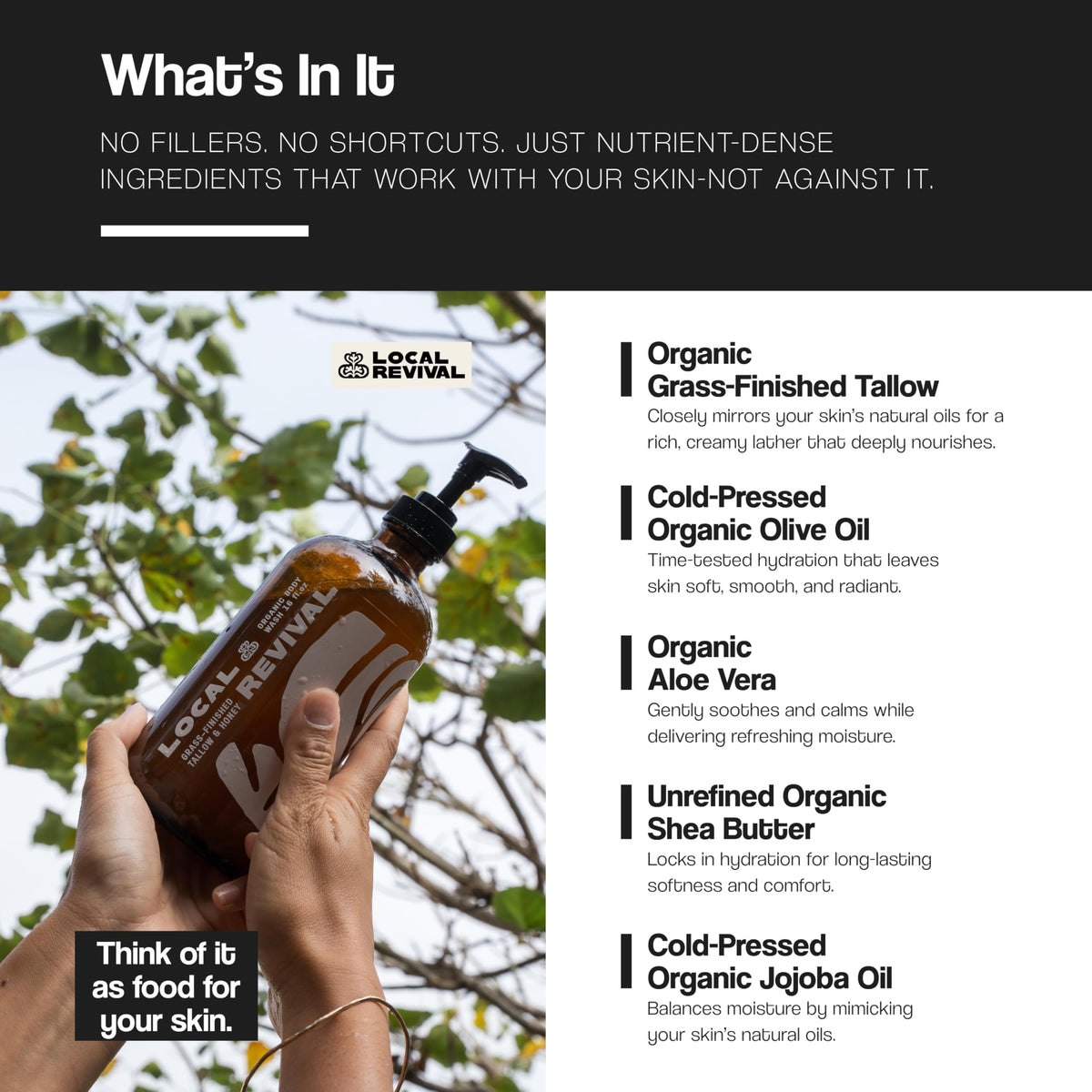 Local Revival pouring body wash into hand to show texture and immediate usability