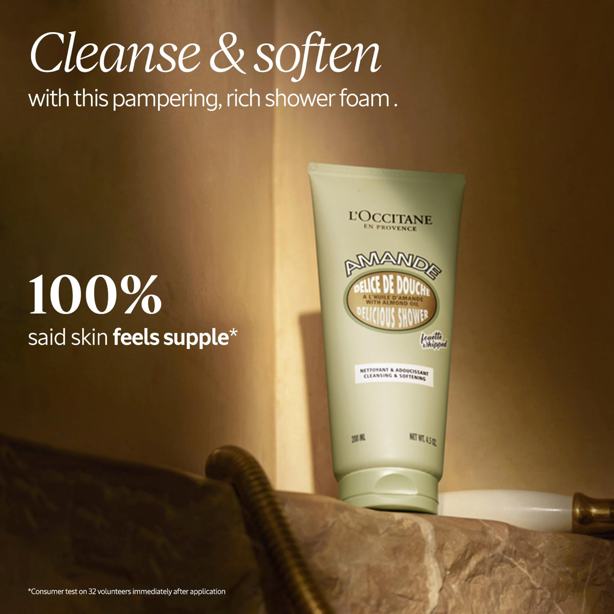 L'OCCITANE label and pump detail highlighting product identity and easy dispensing benefit