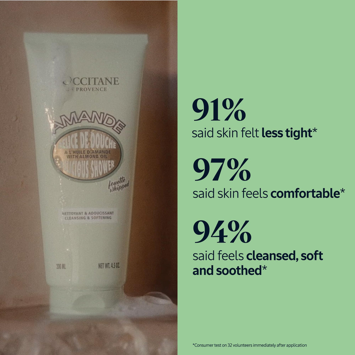 L'OCCITANE whipped texture close-up illustrating creamy lather and softening benefit