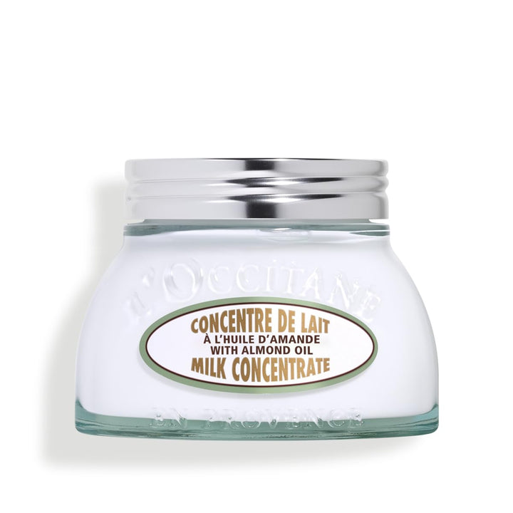 L'OCCITANE front view of Almond Milk Concentrate showing packaging and benefit of hydration