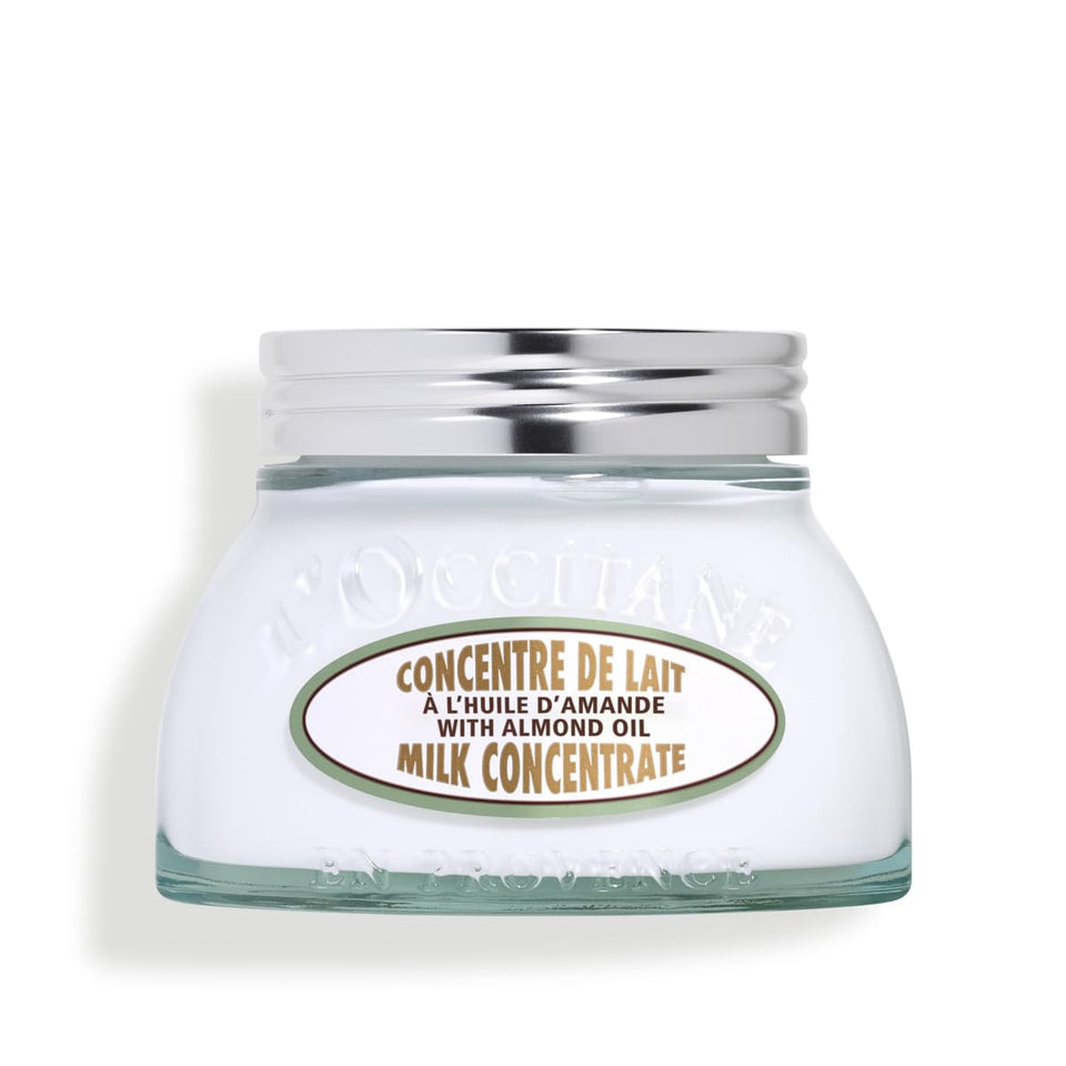 L'OCCITANE front view of Almond Milk Concentrate showing packaging and benefit of hydration