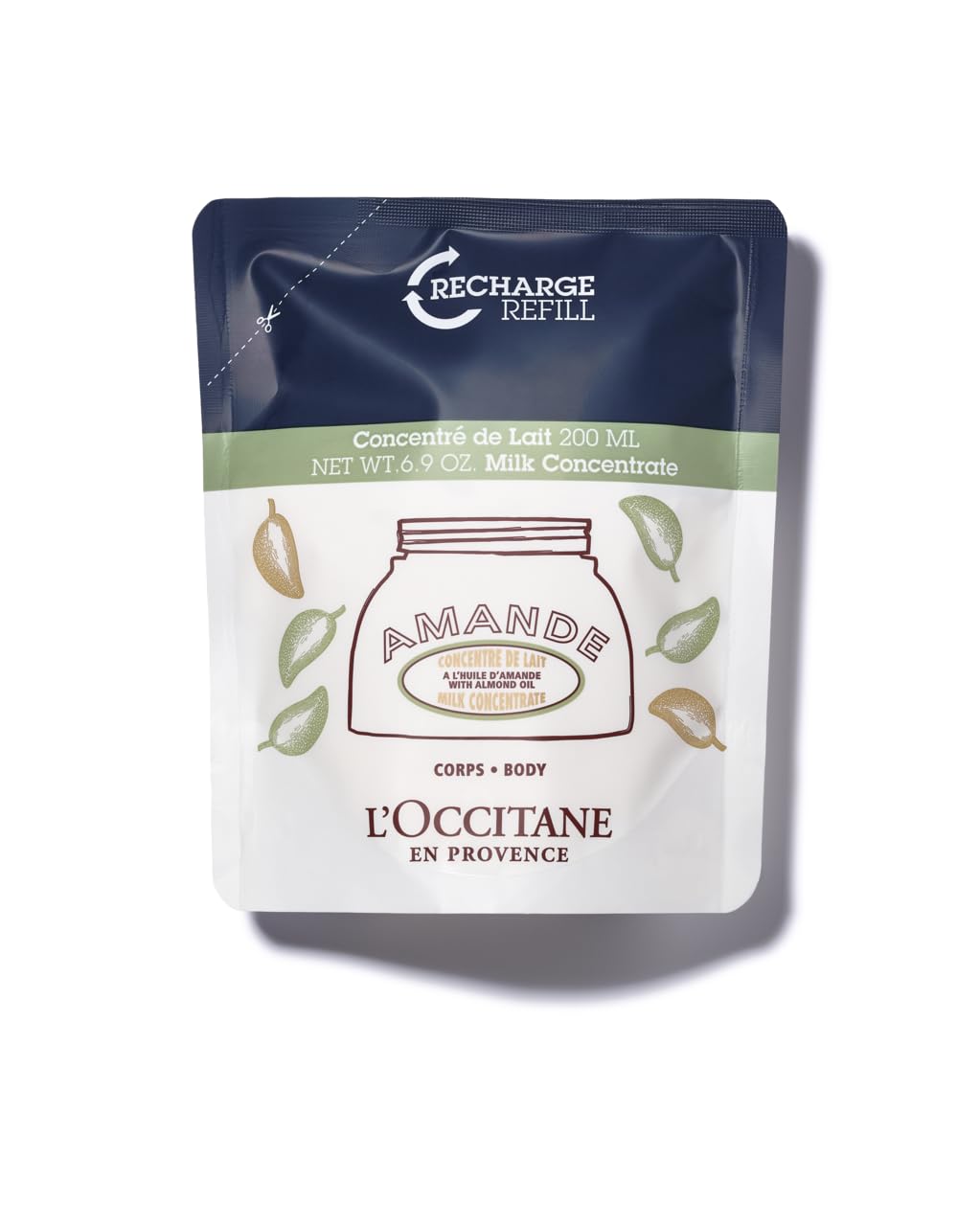 L'OCCITANE refill pouch front view showing packaging and almond label, eco benefit