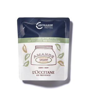 L'OCCITANE refill pouch front view showing packaging and almond label, eco benefit