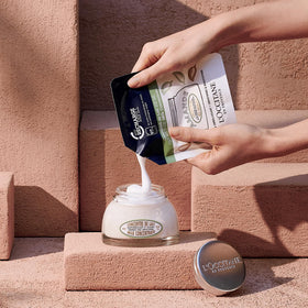L'OCCITANE cream texture close-up showing velvety spread and rich hydration benefit