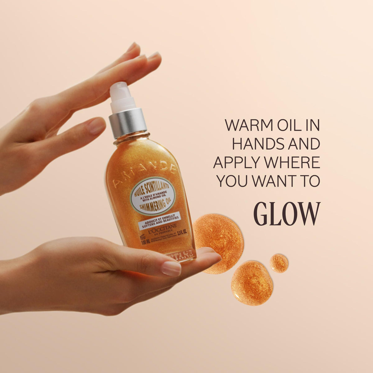 L'OCCITANE applying oil on arm for hydrated, luminous skin benefit
