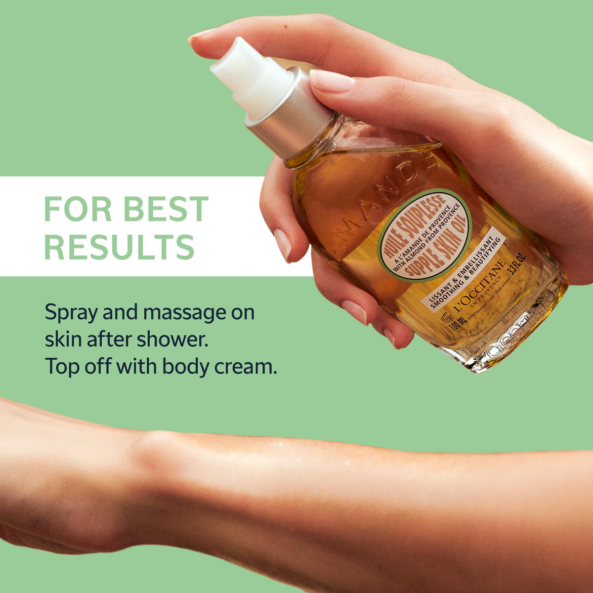 L'Occitane almond oil applied to hand demonstrating quick hydration benefit