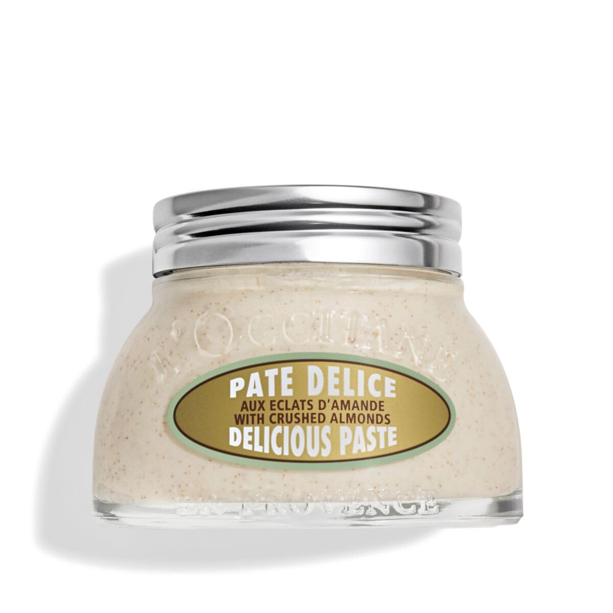 L'Occitane almond paste jar front view showing packaging and size, inviting indulgence