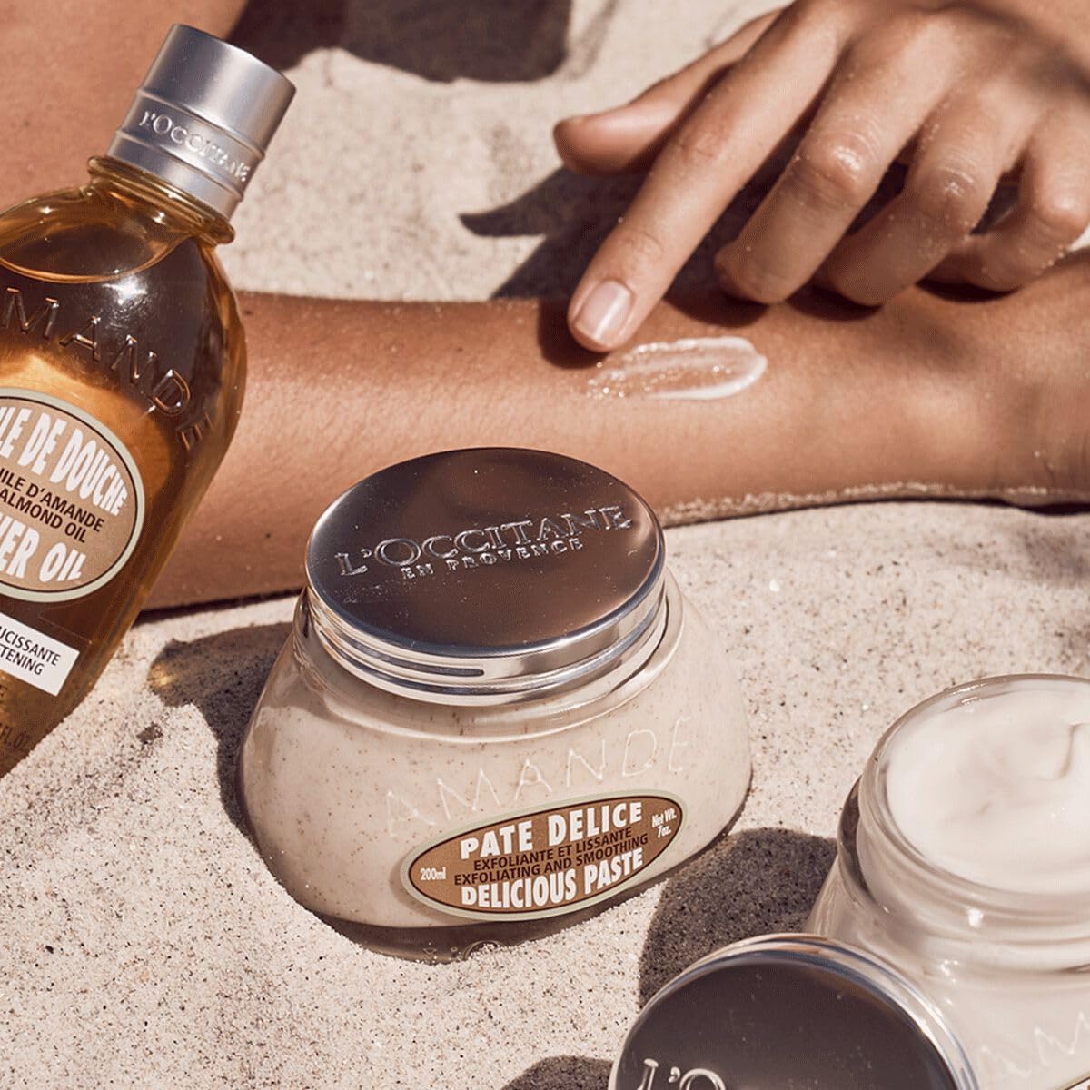 L'Occitane almond paste placed in bathroom setting illustrating at-home spa ritual and aroma