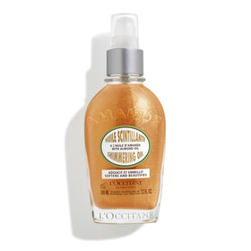 L'OCCITANE front bottle showing elegant almond oil packaging and instant glow