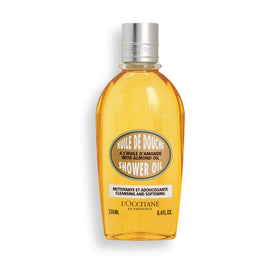 L'OCCITANE bottle front view showing almond shower oil and gentle cleansing benefit