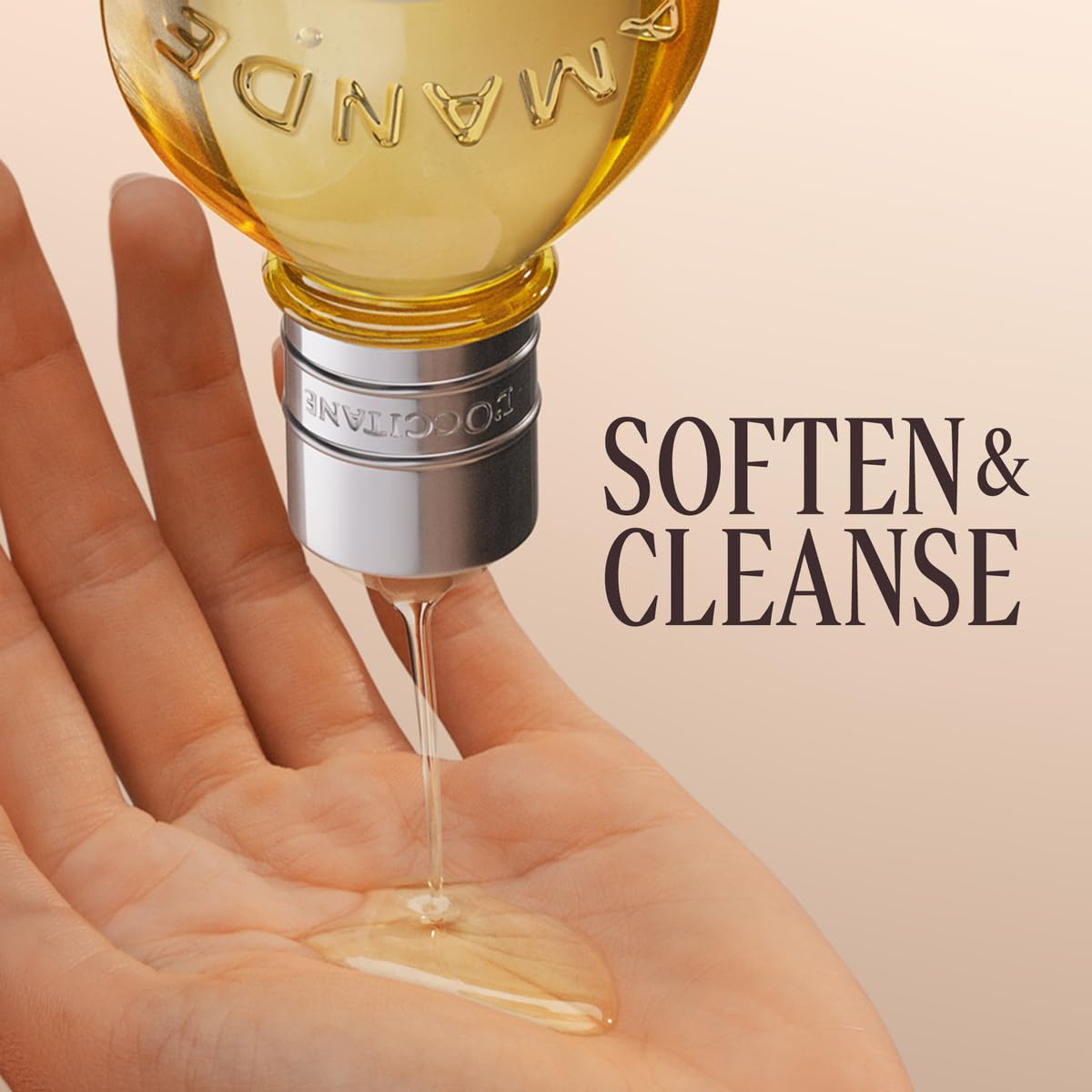 L'OCCITANE almond oil poured to show silky texture and nourishment