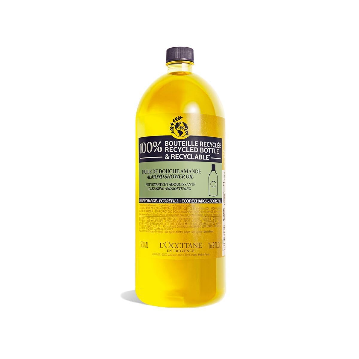L'OCCITANE refill bottle front view showing recycled packaging and almond scent benefit