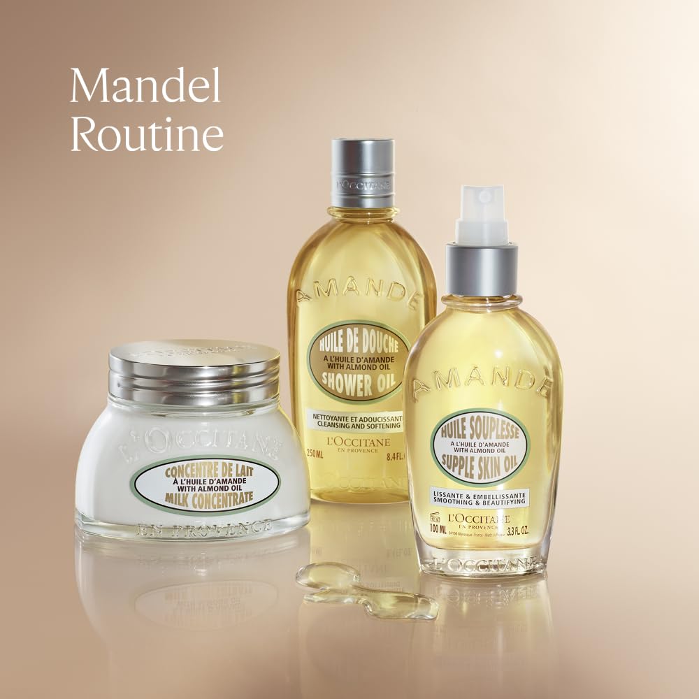 L'OCCITANE Almond Shower Oil bottle in a styled bathroom conveying indulgent shower ritual