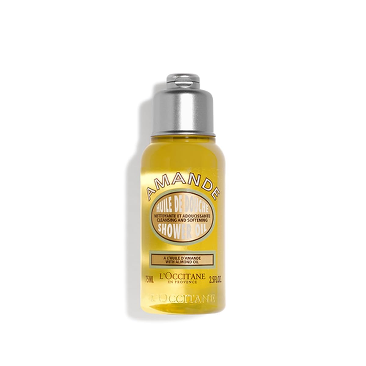 L'OCCITANE travel bottle front view showing compact almond shower oil