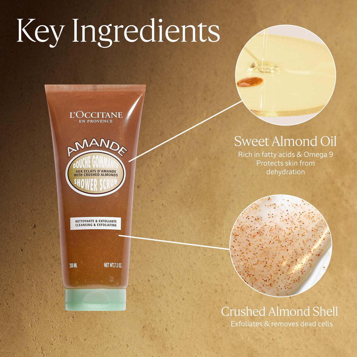 L'Occitane sweet almond oil bottle staged to show nourishing ingredient and softening benefit