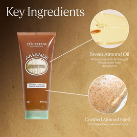 L'Occitane sweet almond oil bottle staged to show nourishing ingredient and softening benefit