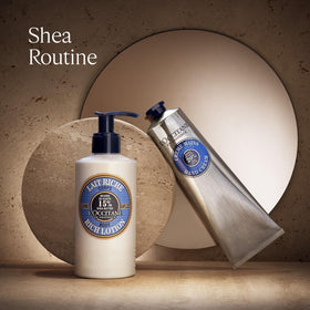 L'OCCITANE bottle beside common objects showing 8.4 fl. oz. scale for purchase clarity