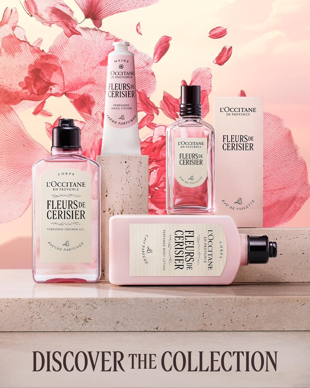 L'OCCITANE tube on bathroom vanity with flowers, evokes delicate fragrance benefit