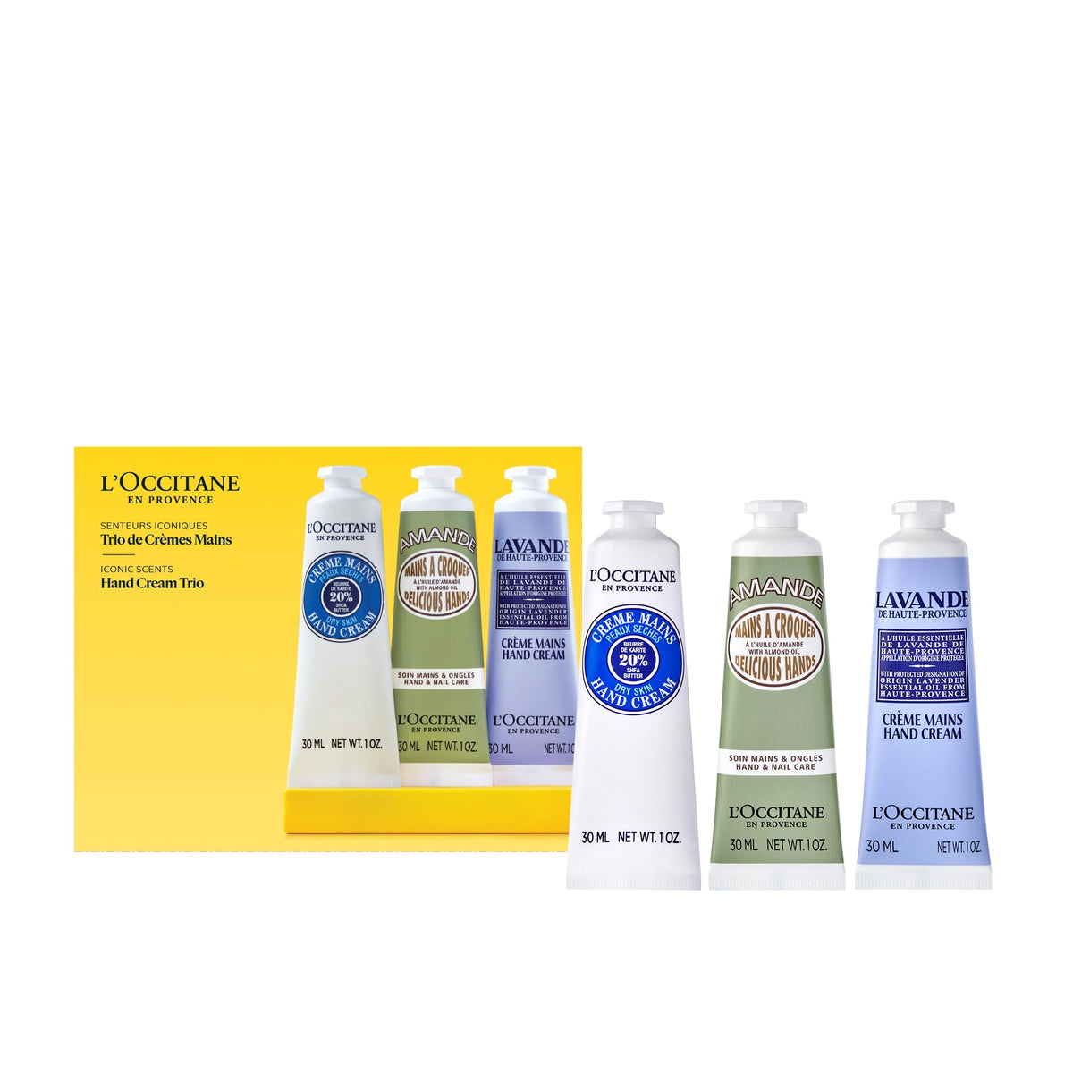 L'Occitane front packaging of three hand cream tubes showing set benefits
