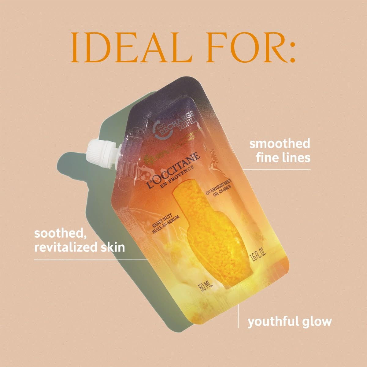 L'OCCITANE serum drops on hand demonstrating lightweight absorption benefit