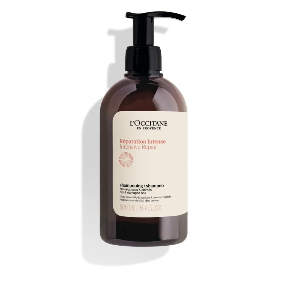 L'Occitane front bottle of Intensive Repair Shampoo showing packaging and benefits