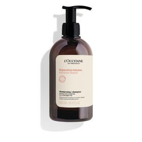 L'Occitane front bottle of Intensive Repair Shampoo showing packaging and benefits