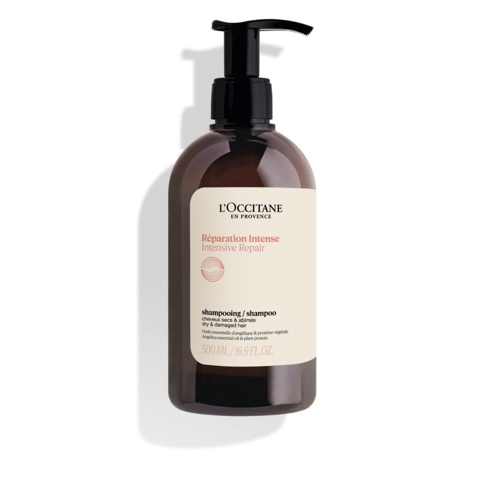 L'Occitane front bottle of Intensive Repair Shampoo showing packaging and benefits