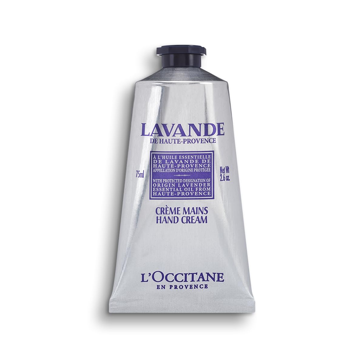 L'Occitane front view of tube showing branding and lavender scent benefits