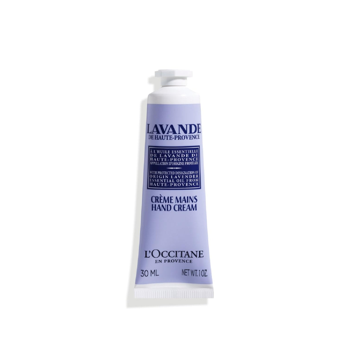 L'OCCITANE front tube view showing lavender hand cream and travel-friendly size
