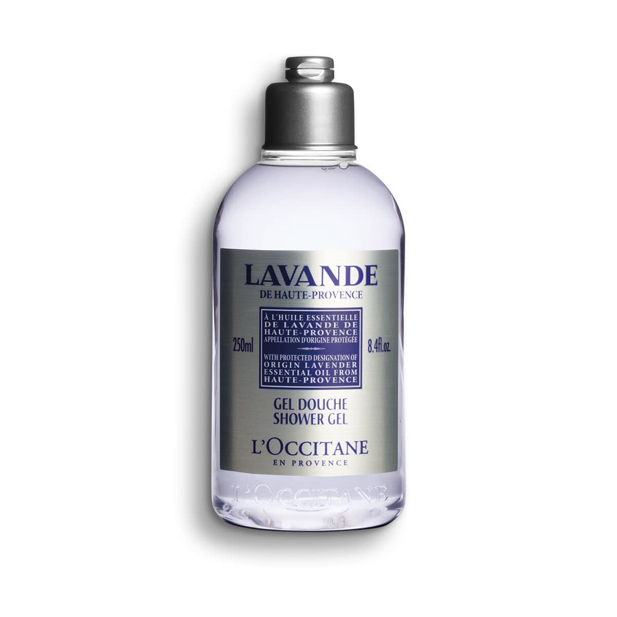 L'OCCITANE front bottle displaying lavender scent and easy-grip cap benefit