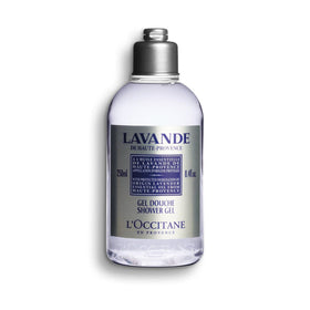 L'OCCITANE front bottle displaying lavender scent and easy-grip cap benefit