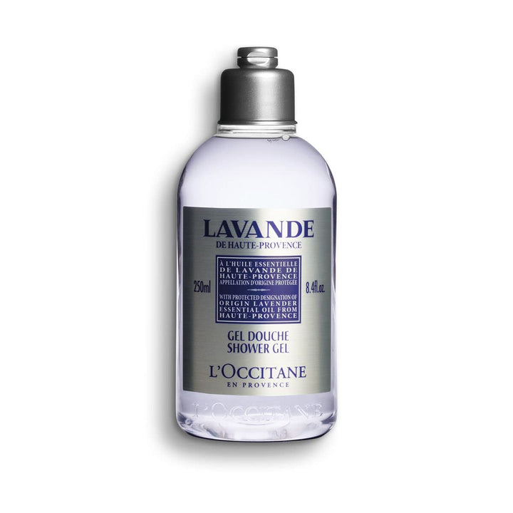 L'OCCITANE front bottle displaying lavender scent and easy-grip cap benefit