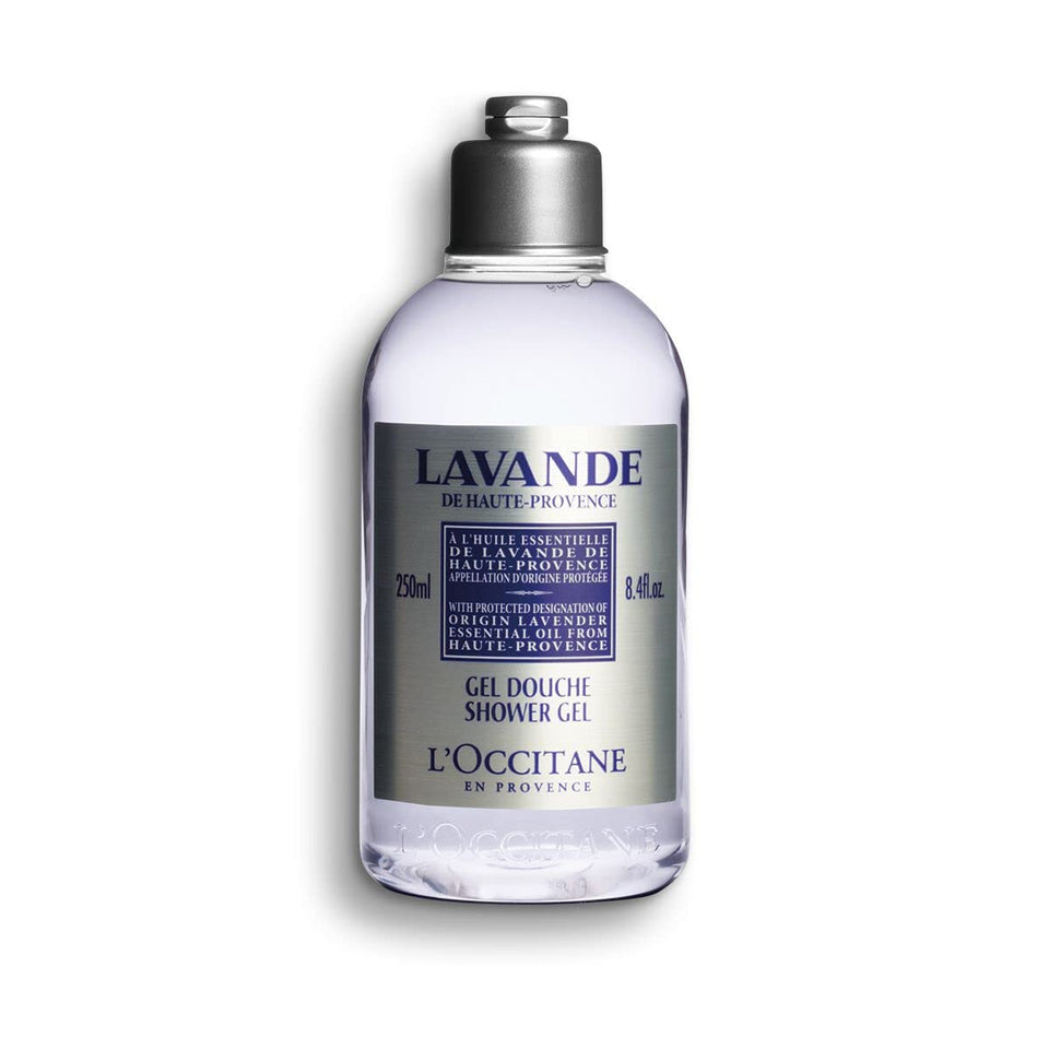 L'OCCITANE front bottle displaying lavender scent and easy-grip cap benefit