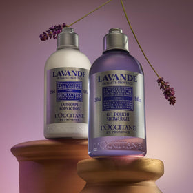 L'OCCITANE bottle beside common objects showing 8.40 fl oz travel-friendly benefit
