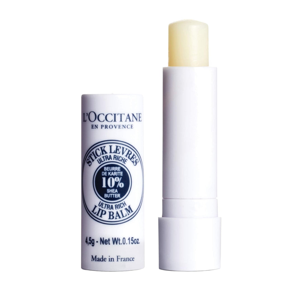 L'OCCITANE front view of lip balm stick showing sleek packaging and quick hydration benefit