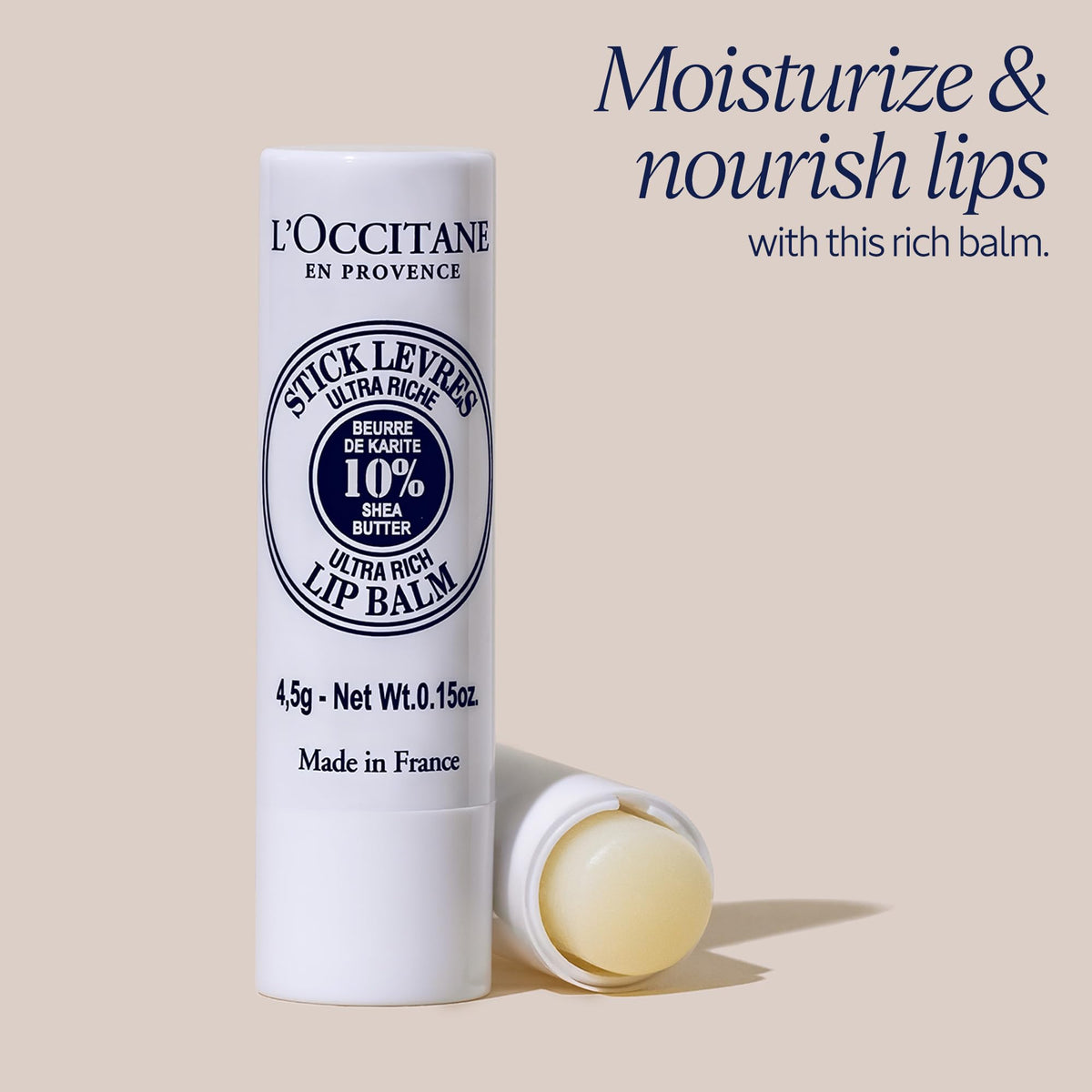 L'OCCITANE close texture of balm tip illustrating creamy application and softening effect